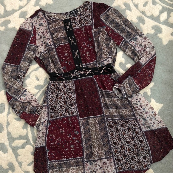 Autumn Wine Patchwork Flowy Dress - Picture 2 of 6