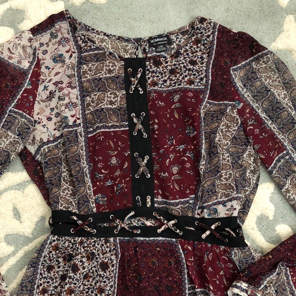 Autumn Wine Patchwork Flowy Dress - Picture 3 of 6