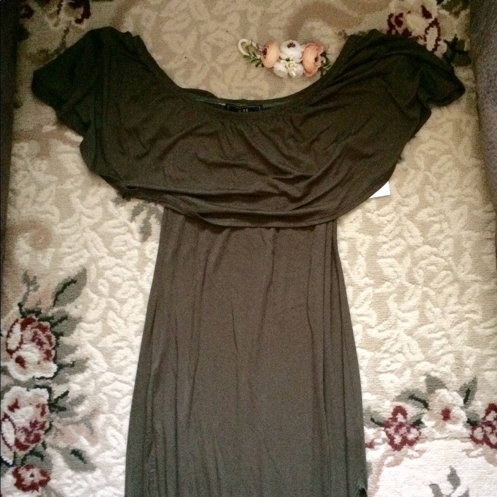 Olive Green Off the Shoulder Dress W/ Slit