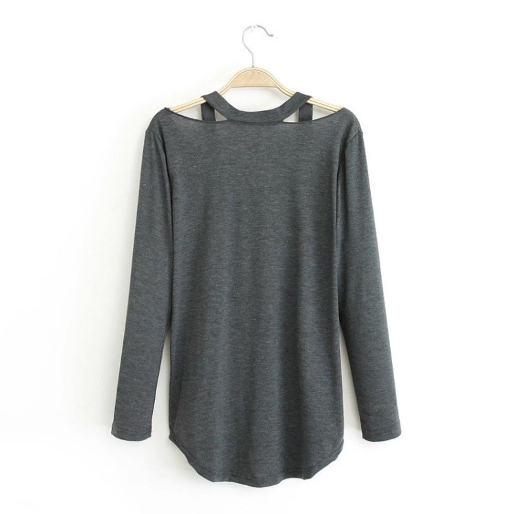 GRAY V Neck Cold Shoulder Top - Picture 2 of 7