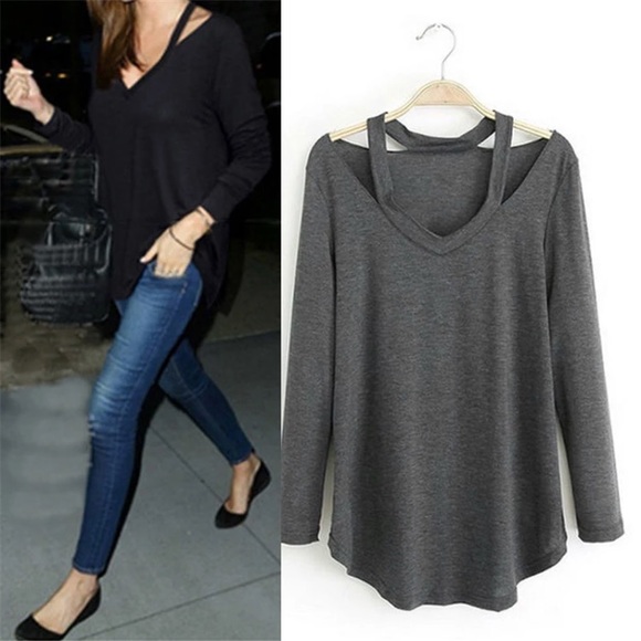 Tops - GRAY V Neck Cold Shoulder Top