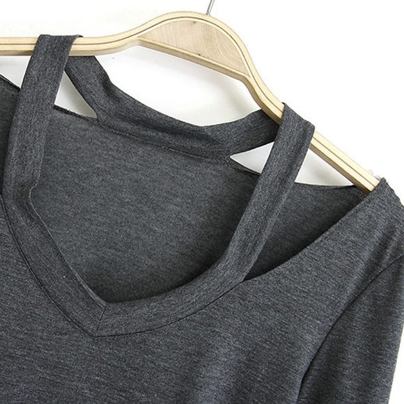 GRAY V Neck Cold Shoulder Top - Picture 3 of 7
