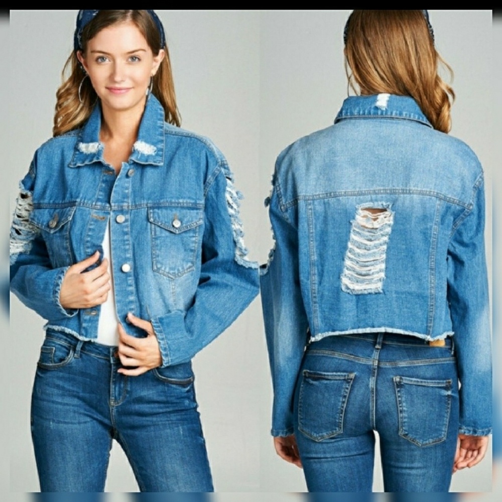 Ultra Distressed Crop Jean Jacket Pockets - Picture 1 of 5