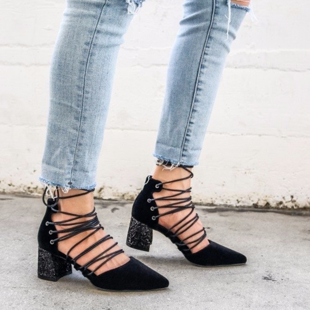 Mi.iM Velvet Block Glitter Heel Strappy Shoe Black