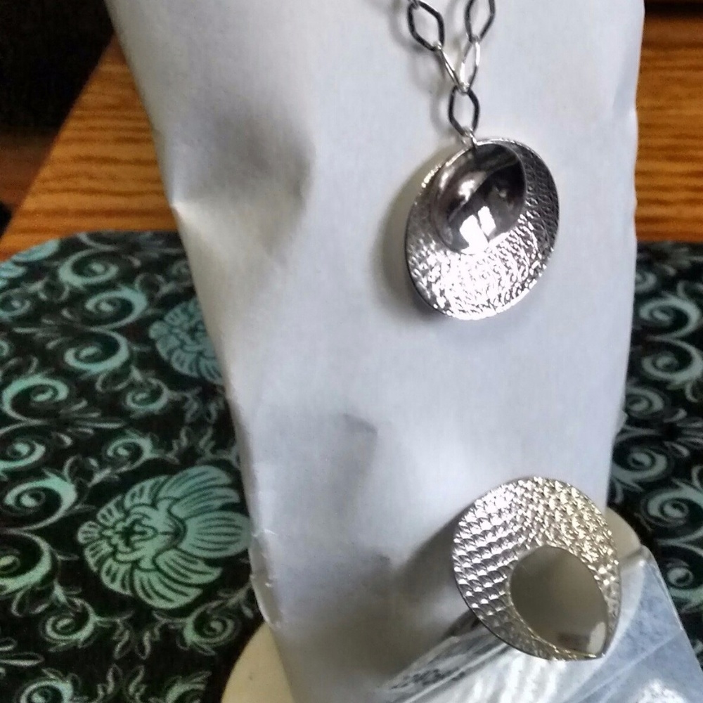 925, Sterl.Silv. Necklace & Ring Set w/Mirror Look