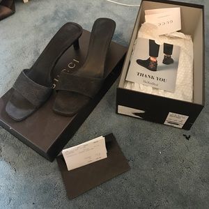 Chocolate brown Gucci sandal with very small heel