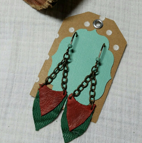 Handmade Leather & Chain Earrings - Picture 1 of 4