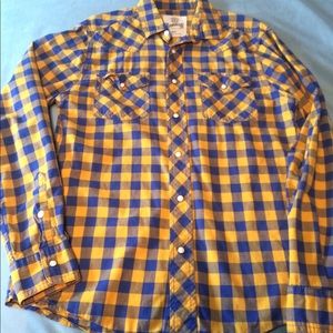 Blue Yellow Plaid Check Pearl Snap Shirt S