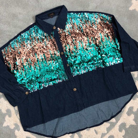 Mermaid Sequins Sparkly Denim Jacket - Picture 2 of 3