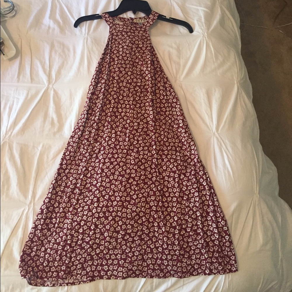 Crimson floral halter dress