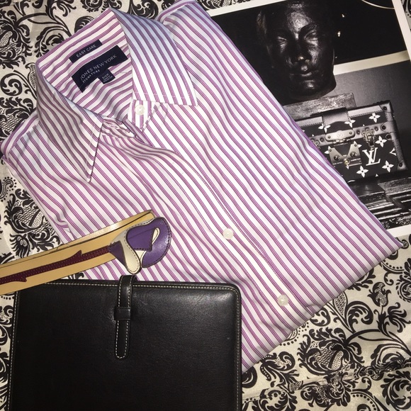 jones ny Purple & white striped classic cotton button down - Picture 3 of 7
