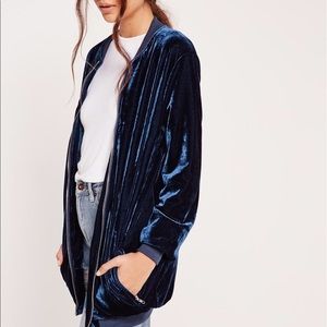Misguided Longline Velvet Navy Bomber Jacket