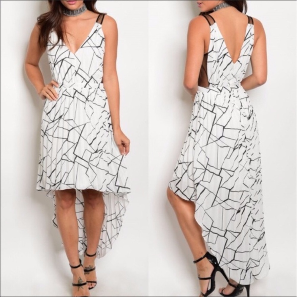 Black & White Pleated High Low Mesh Dress