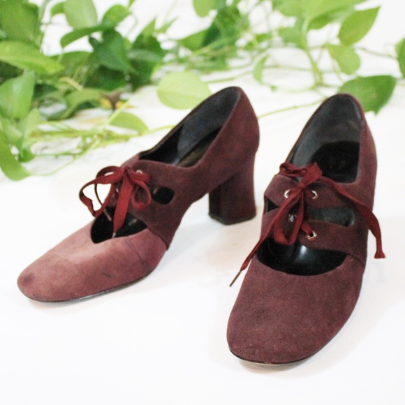 Vintage Shoes - Vintage 1970s Cranberry Heels Lace Up Mary Jane 7