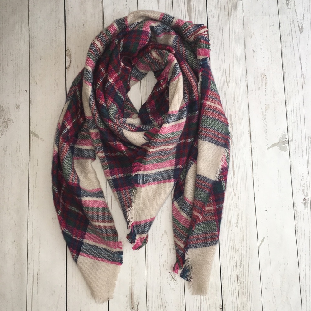 Beige Fushia Red Green Plaid Blanket Scarf