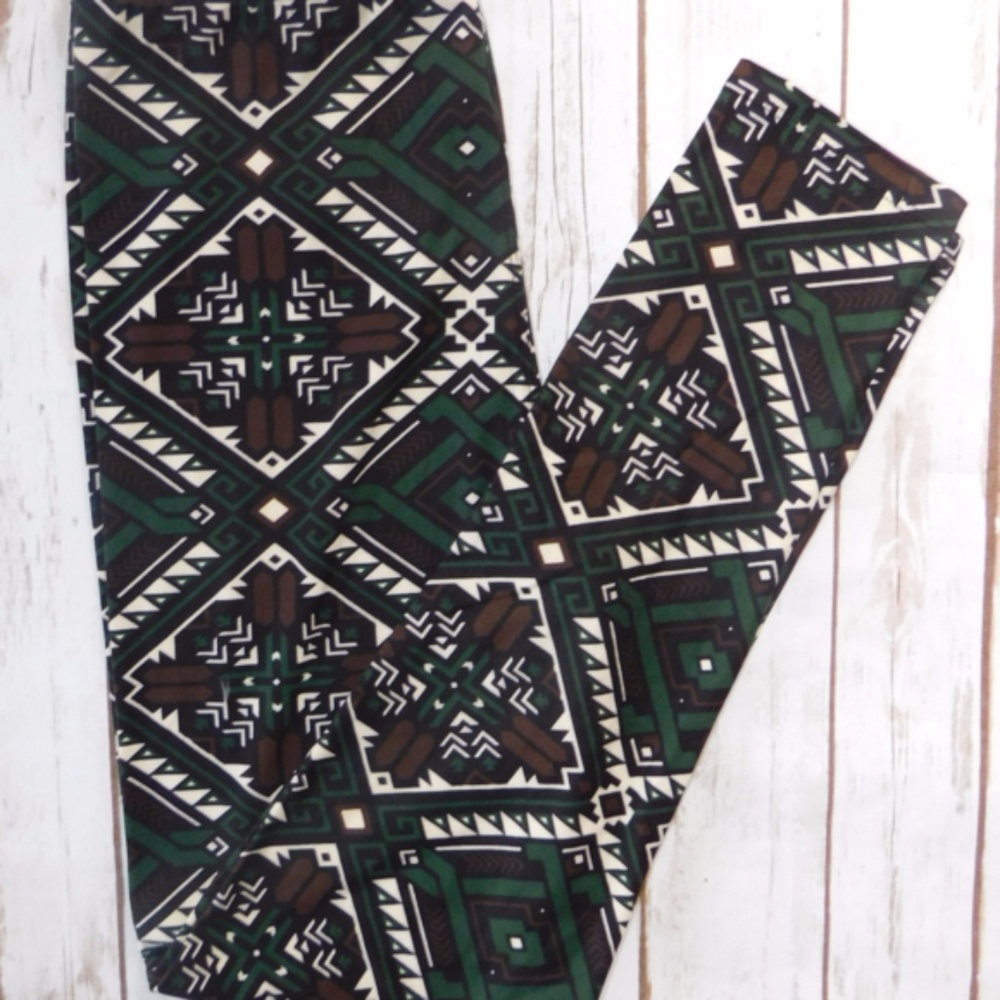 One Size Green Brown Tribal Print Leggings