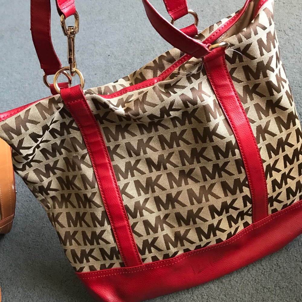 Red and nude Michael Kors tote