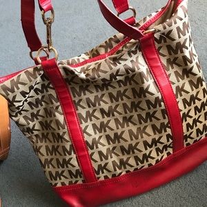 Red and nude Michael Kors tote