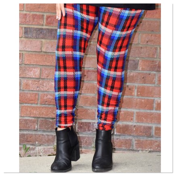 Red and Blue Plaid Leggings OS - Picture 4 of 7