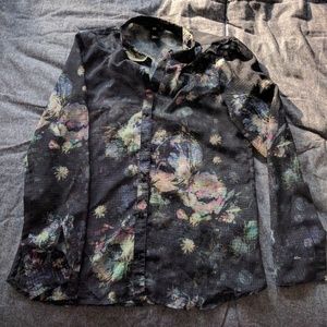 H&M Black Floral Button Down Shirt with Collar