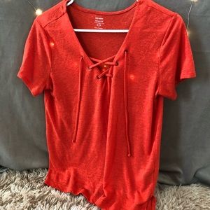 Red Front Lace Up Tee