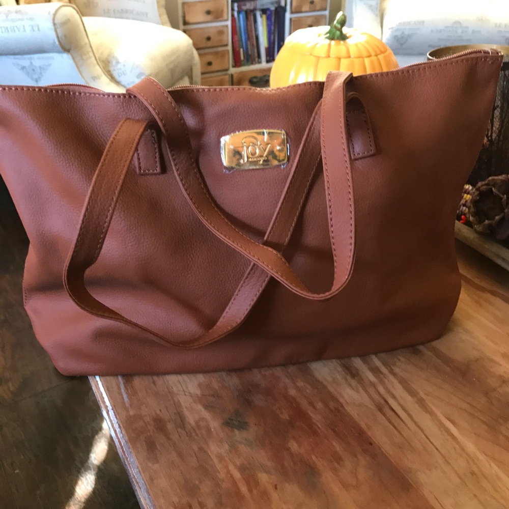 JOY Cognac Leather Zipper Tote