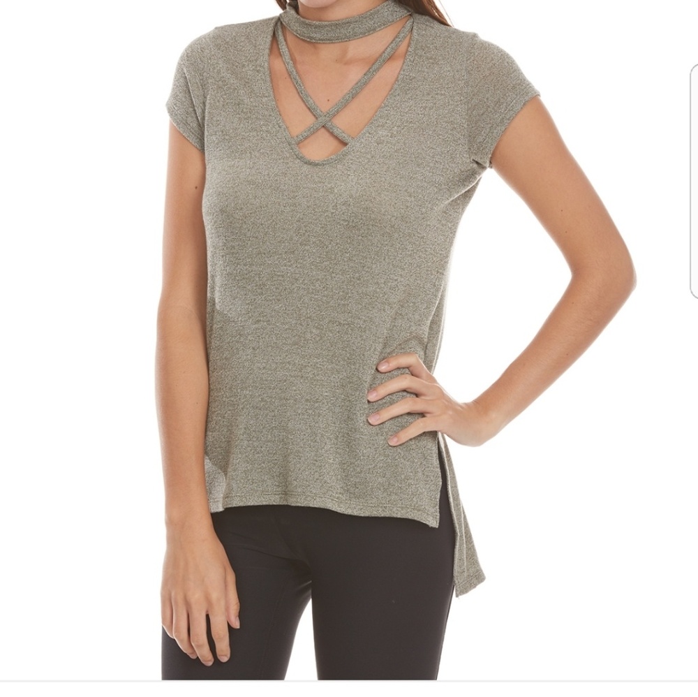 Poof Mock Neck Crisscross High Low Top - Picture 1 of 7