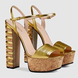 Gucci Metallic Leather Cork Platform Sandals EU 37