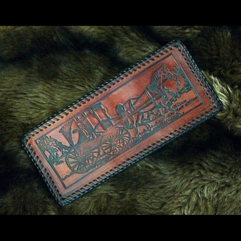Vintage Country Western American Cowboy Leather Embossed Coach Billfold Wallet