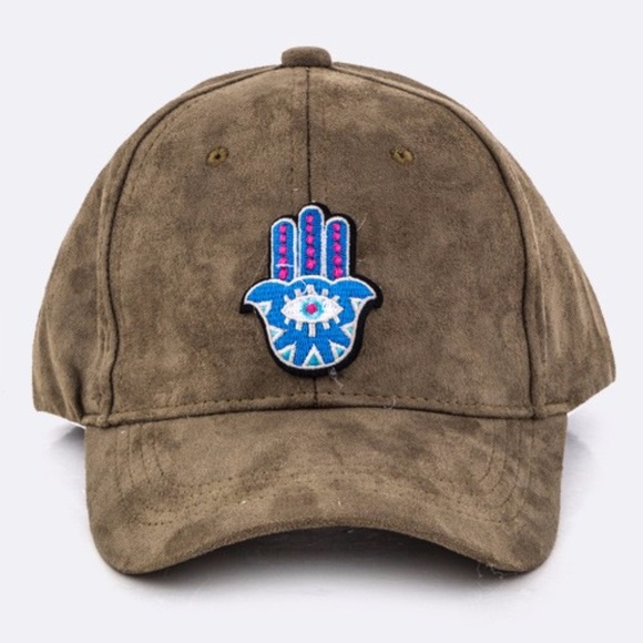 Boutique Accessories - NEW Faux Suede Hamsa Patch Hat Olive