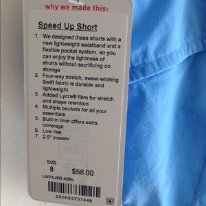 Lululemon Speed Up Short Baby Blue Size 8