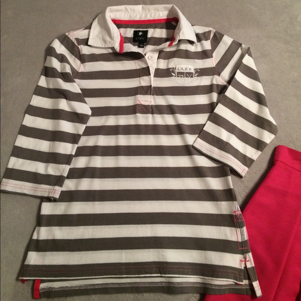 Gray and white striped polo