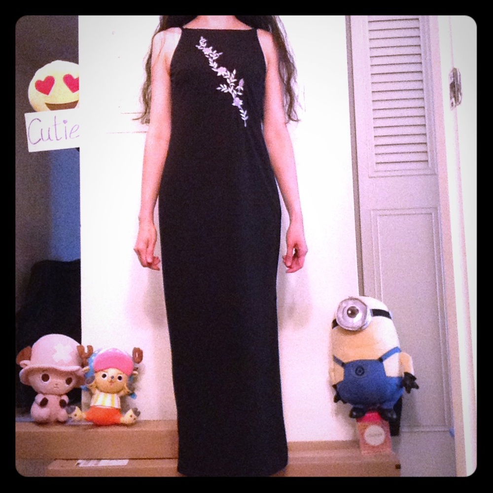 Black Formal Dress with Lavender Rose Embroidery