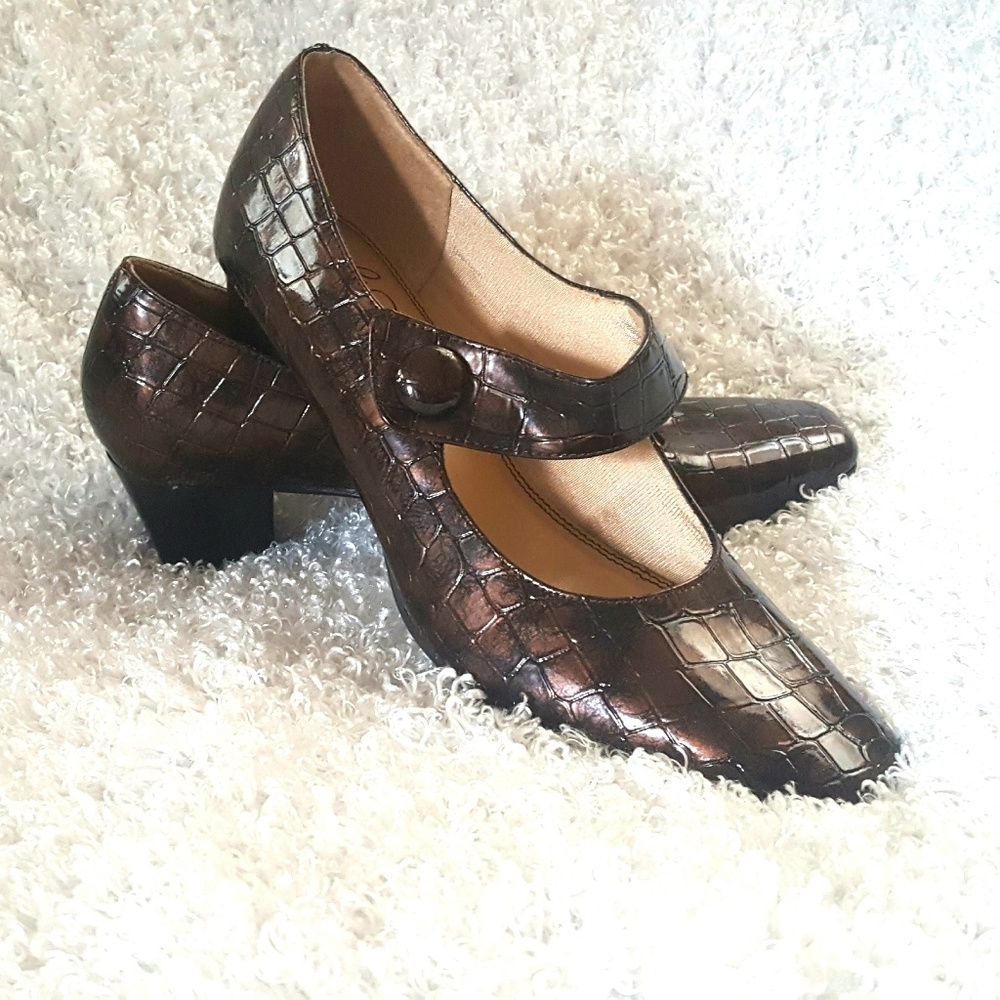 Life Stride 8 M Pump Heel Faux Croc Brown Patent
