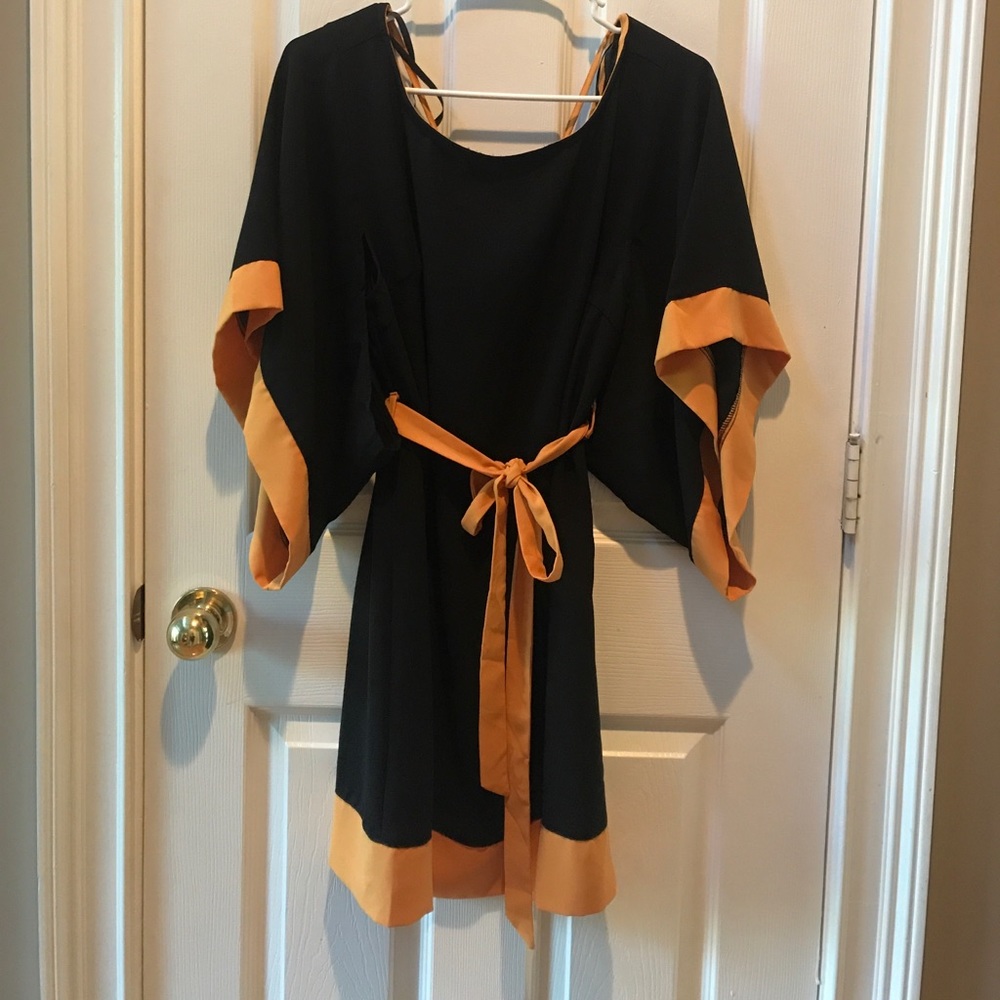 Fall Fashion; Black Dress Bell Sleeves Orange Trim
