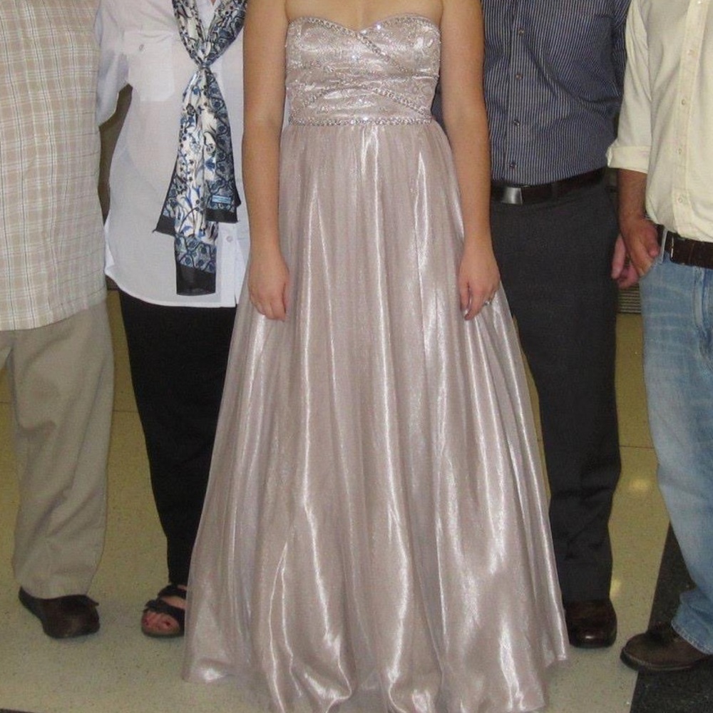 Strapless gown prom dress silver
