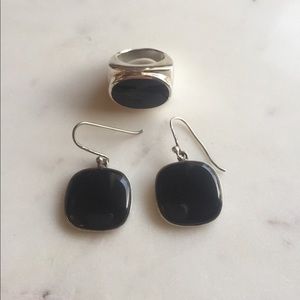 Modern silver and black earrings and ring