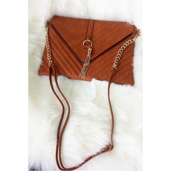 🆕 Tassel Access Chevron quilted Flap Clutch Brown - Picture 3 of 5