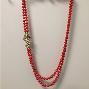 Long Coral Seahorse Beaded Double Strand Necklace
