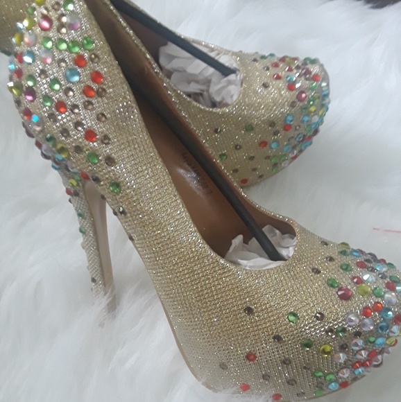 Gold Cape Robbin Rhinestone Pump High Heels - Picture 2 of 4