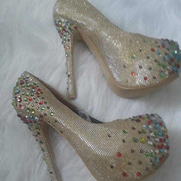 Gold Cape Robbin Rhinestone Pump High Heels - Picture 3 of 4