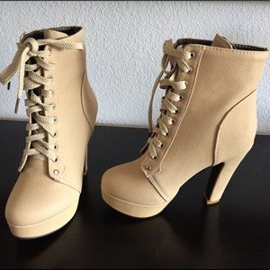 Cream High Heel Combat Boots