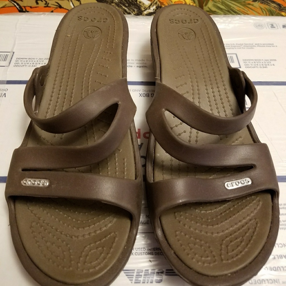 Crocs brown slip on sandals W-12