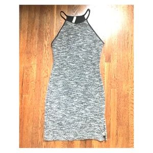BodyCon Sweater Dress w/ Faux Leather Trim- Grey