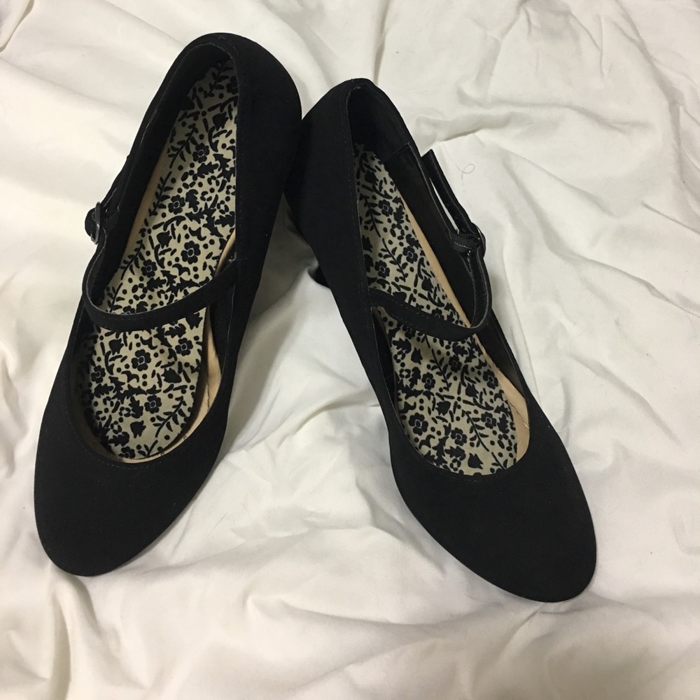 Black Mary Jane Style Faux Suede Wedges