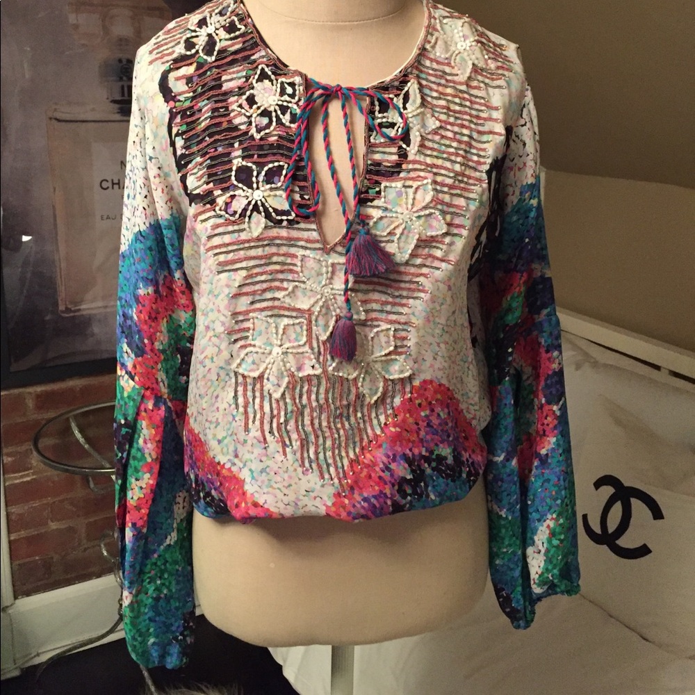 sequenced embellished silk blouse