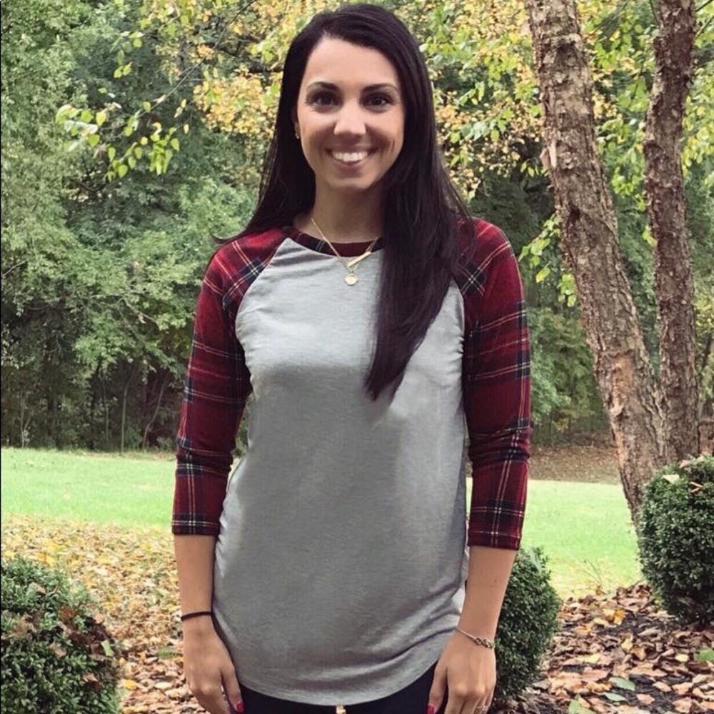 3/4 sleeve baseball top with plaid sleeve detail!