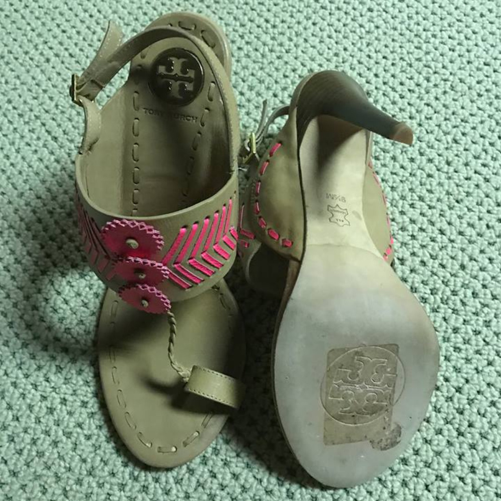 Tory Burch heel tan and neon pink