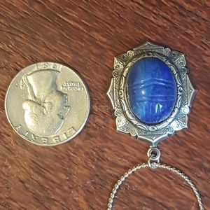 Silver Tone Blue Stone with etched Beetle
