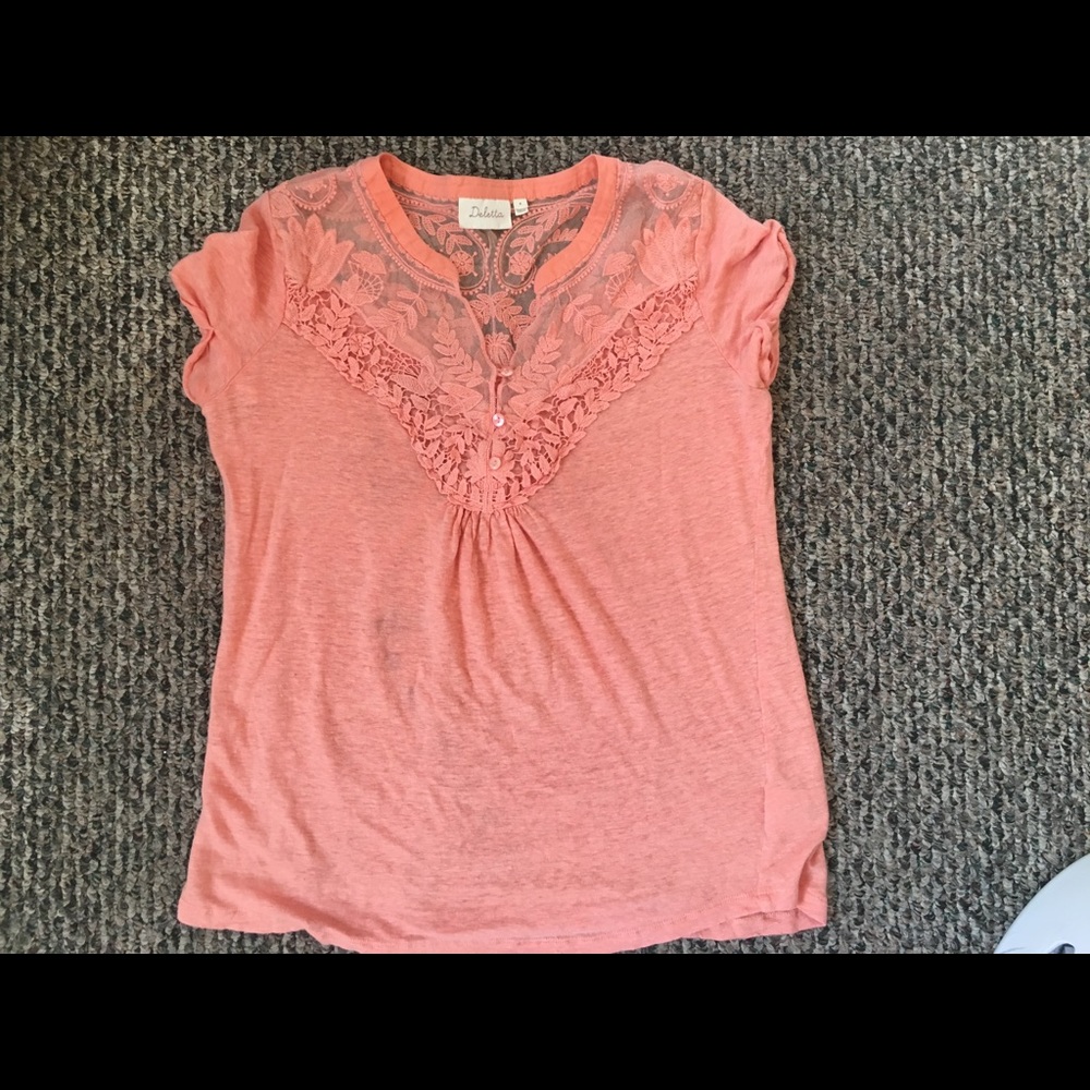 Anthropologie Medium Coral Pink Lace Top